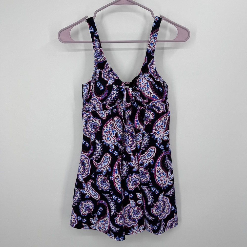 Swim Solutions Bow Front Swim Dress Womens 10 Black Multi Paisley Floral 807095